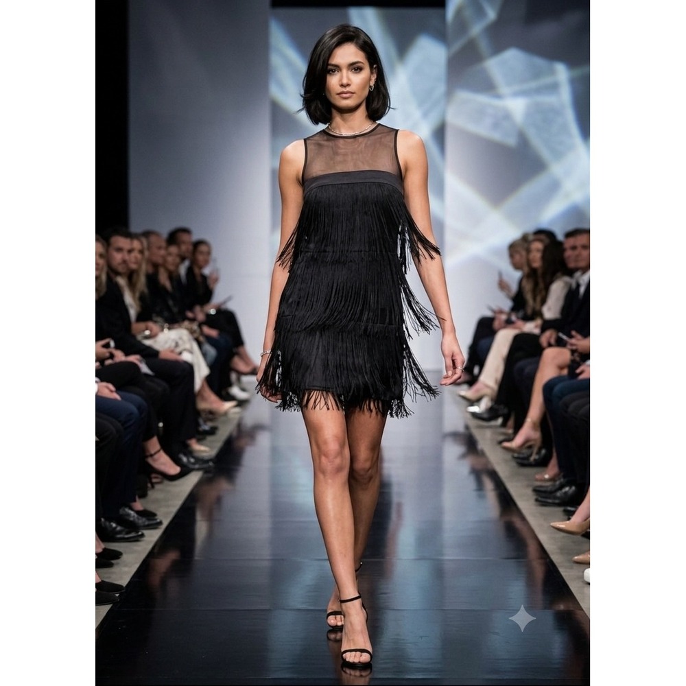 Mango MNG Suit Black Fringe Flapper Mini Dress Sheer Mesh Sleeveless Small 4